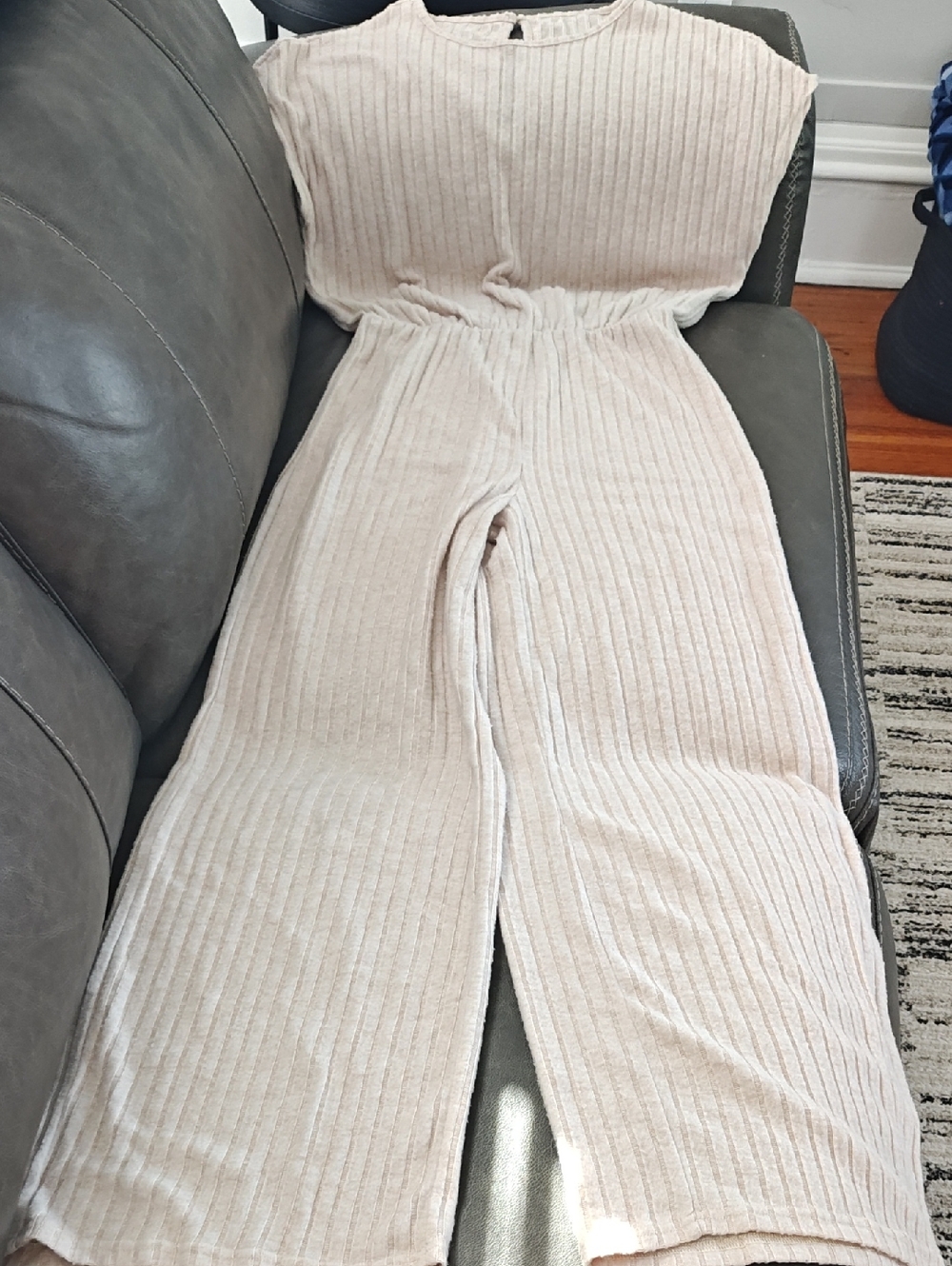 Sleeveless Ribbed Wide-Leg Jumpsuit in Light Beige